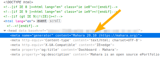 HTML source with the Mahara version number