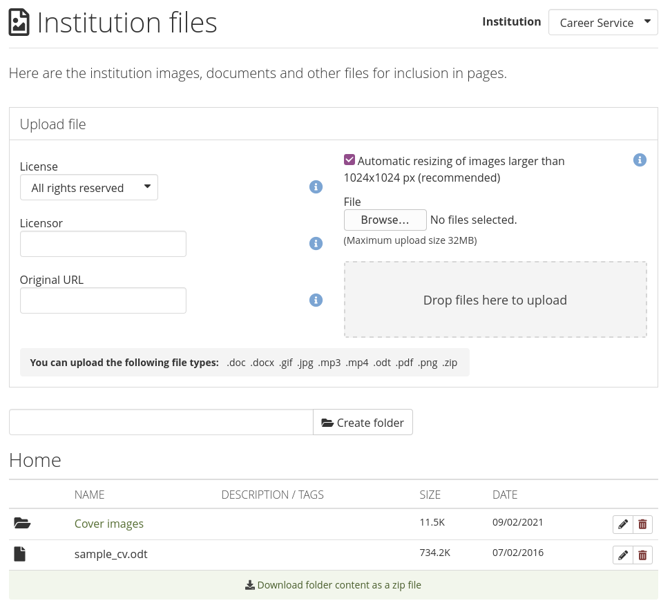 Institution files area