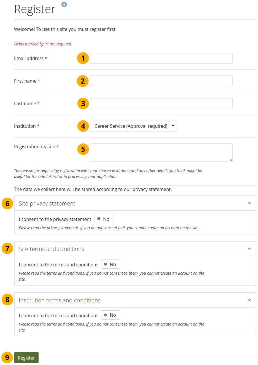 Self-registration for an institution