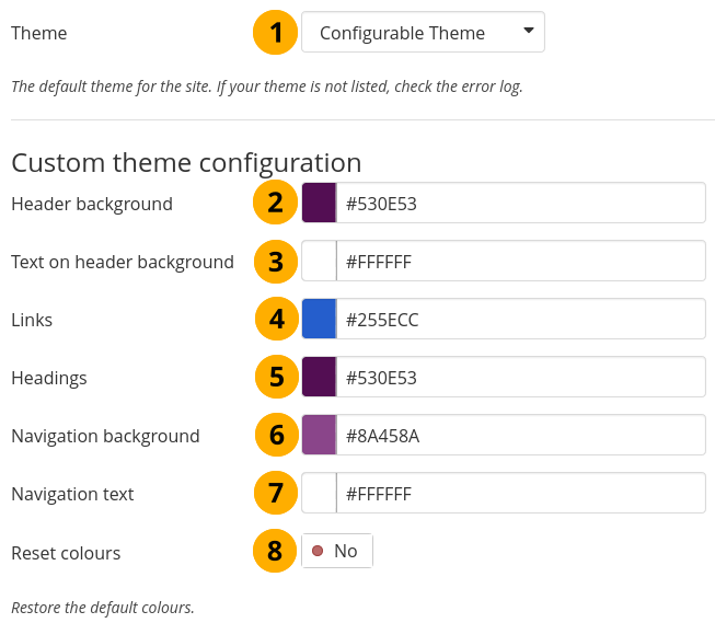 Colour options for the configurable theme