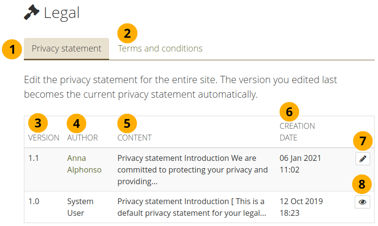 Legal statements overview page