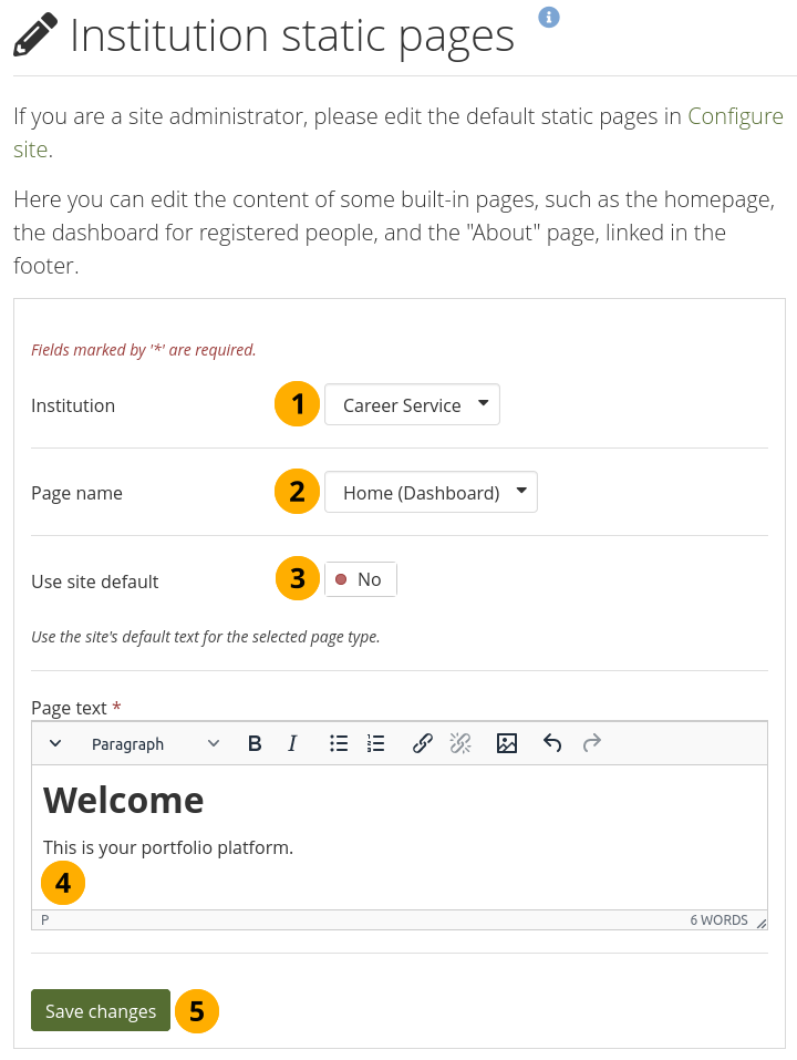 Edit static pages for an institution