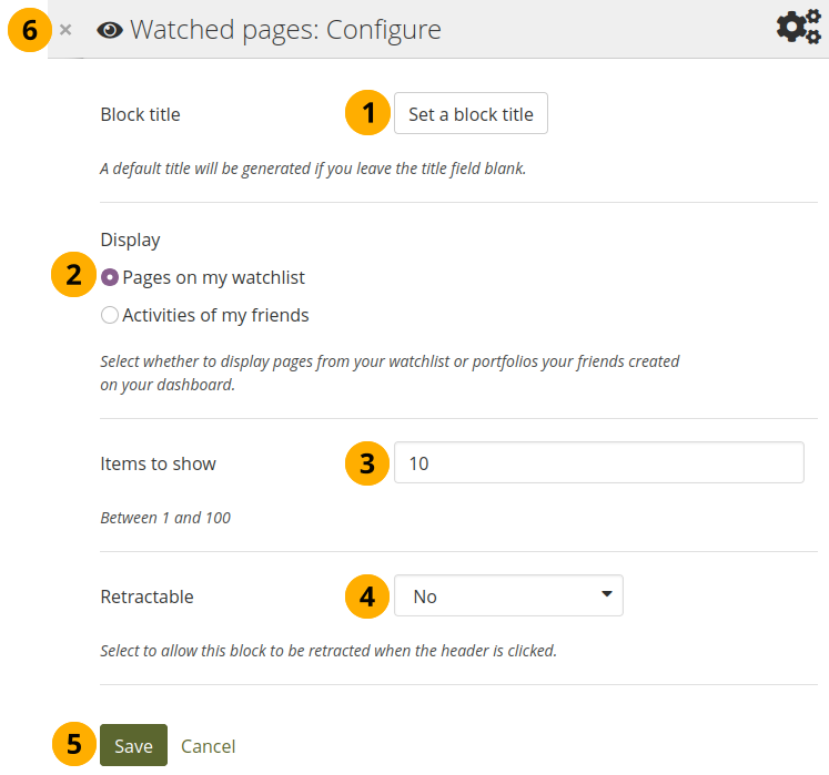 Configure the 'Watched pages' block for your watchlist