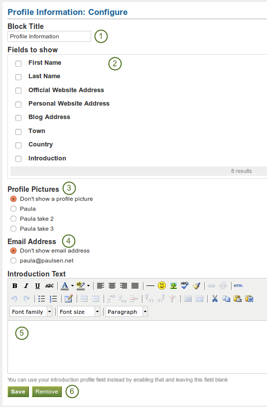 Configure the block Profile information