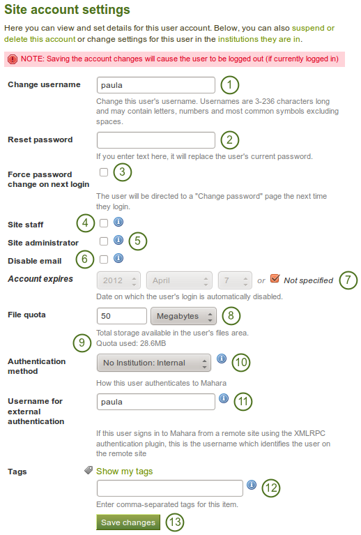 Site account settings of a user