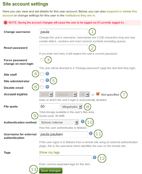 Site account settings of a user