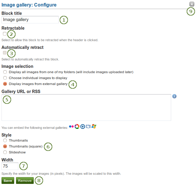 Configure the block Image gallery