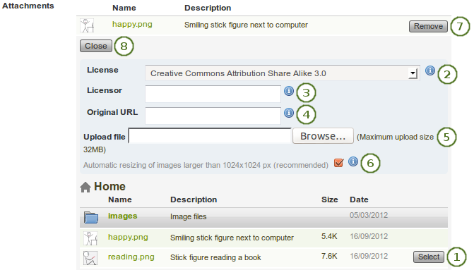 Options on the file attachment screen