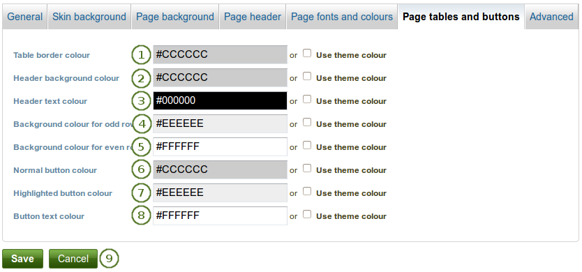 Change table and button properties