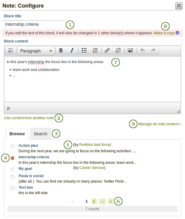 Configure the "Note" block by copying text