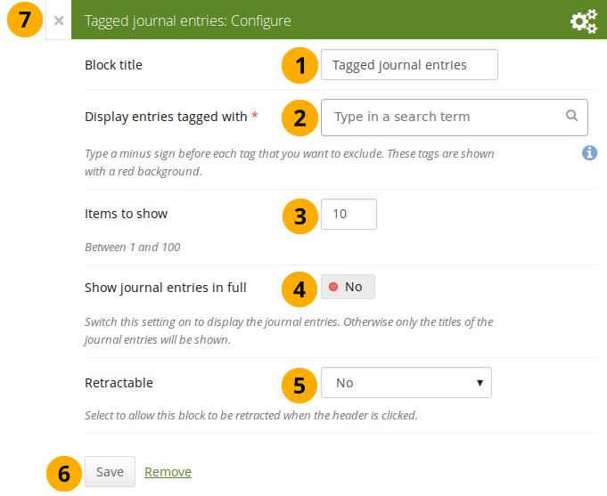 Configure the tagged journal entries block
