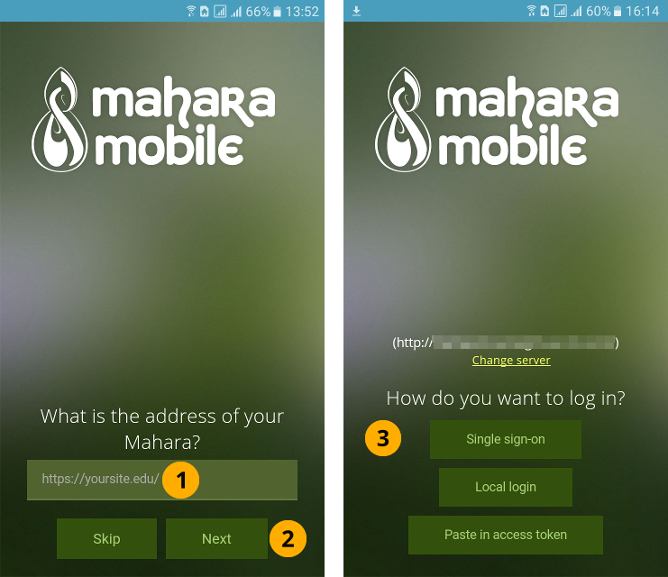 Écran d'acceuil de Mahara Mobile