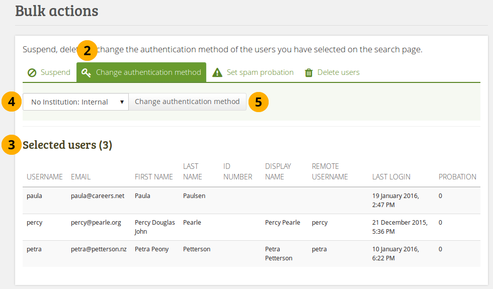 Actions par lot : Modifier la méthode d'authentification