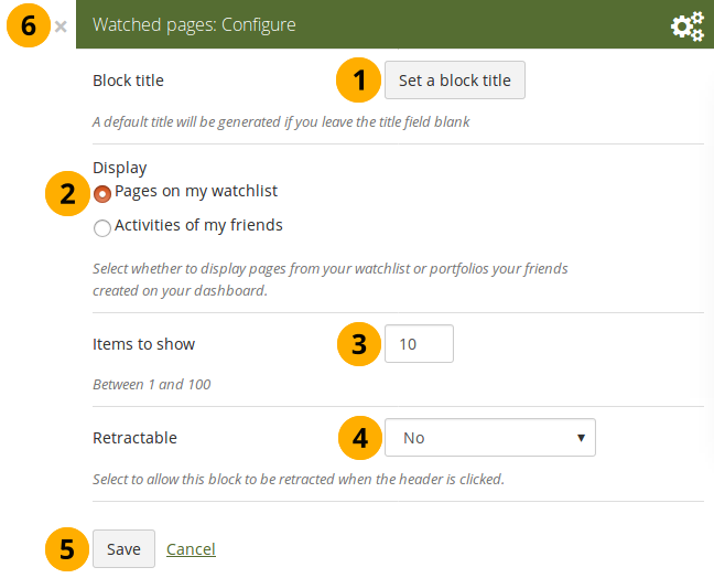 Configure the "Watched pages" block for your watchlist