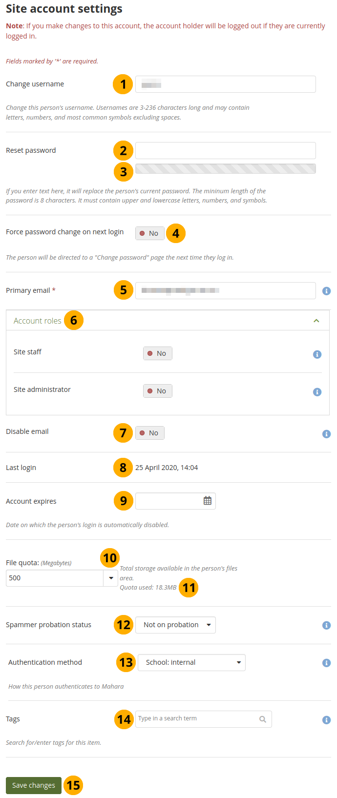 Paramètres du site pour le compte d'une personne