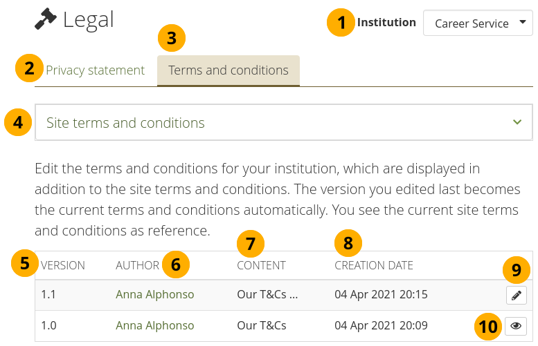 Page de présentation des déclarations légales au niveau de l'institution