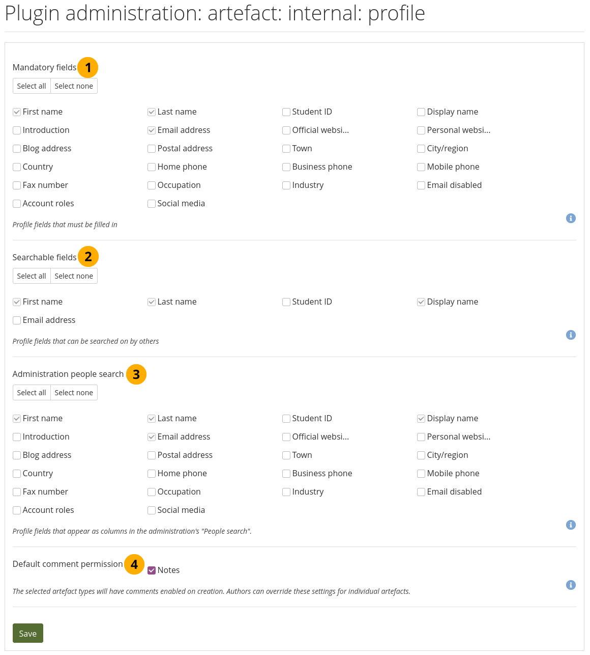 Sélectionnez les rubriques du profil qui seront obligatoires et cherchables