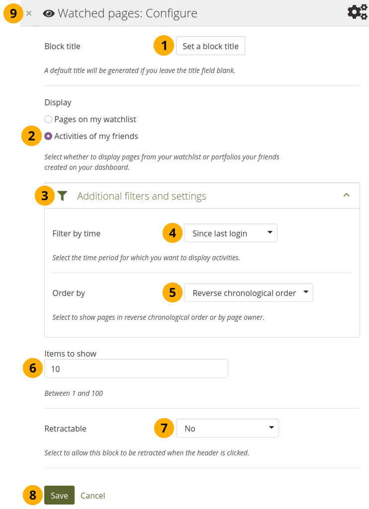 Configure the 'Watched pages' block for your friend activity