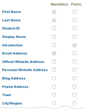 Choose mandatory and public profile fields