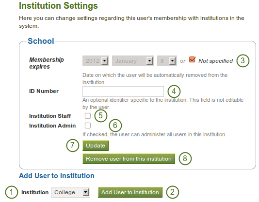 Institution settings for a user