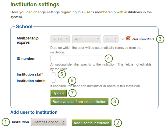 Institution settings for a user