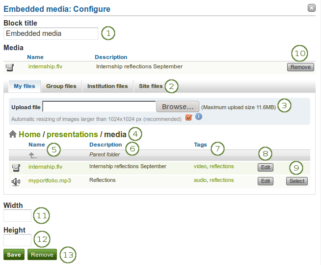 Configure the block Embedded media