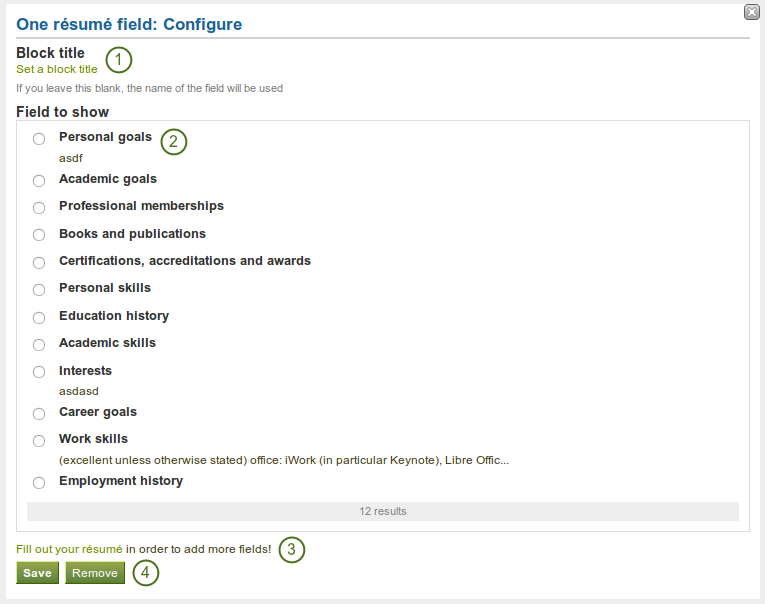 Configure the block One résumé field