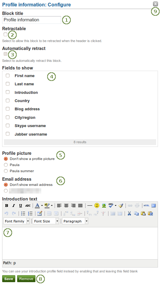 Configure the block Profile information