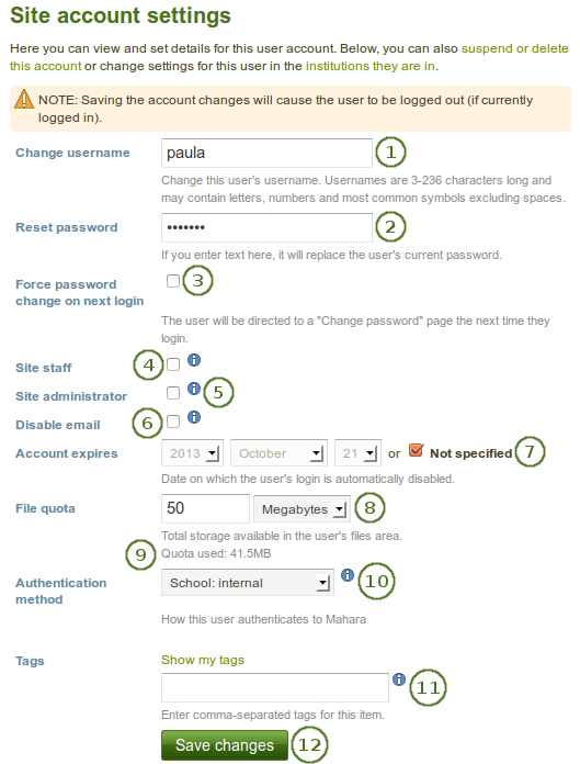 Site account settings of a user