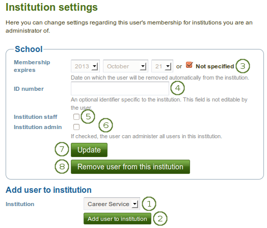 Institution settings for a user