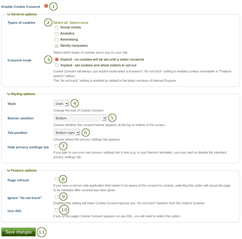 Configuration settings for Cookie Consent