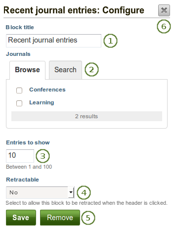 Configure the recent journal entries block