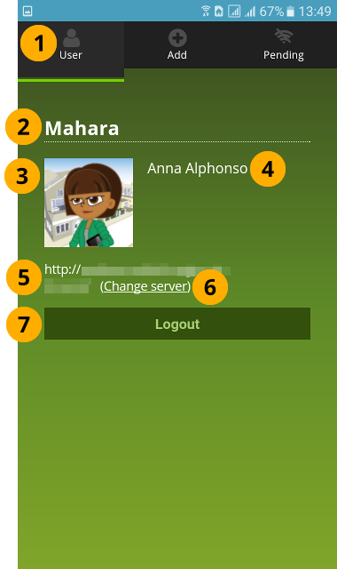 プロファイル情報付きのMaharaモバイルの "ユーザ" 画面