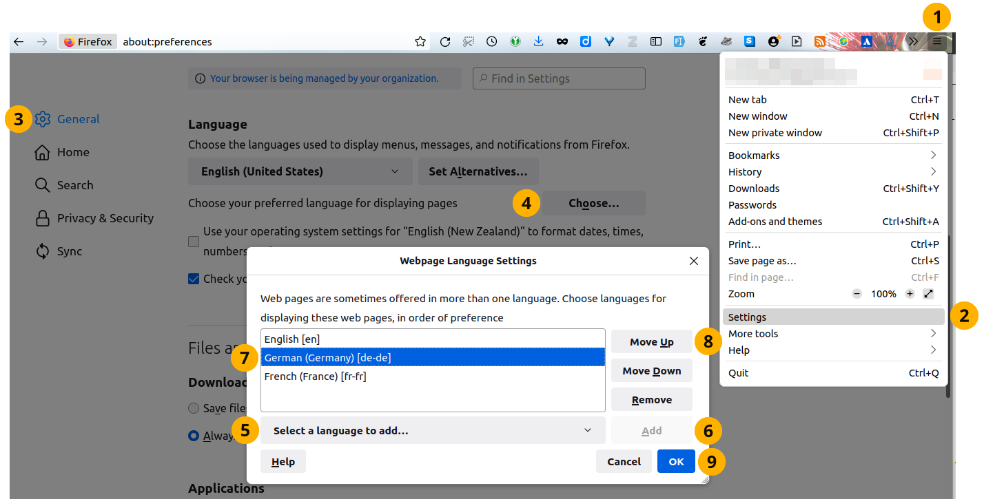 Firefoxでブラウジング言語を設定する