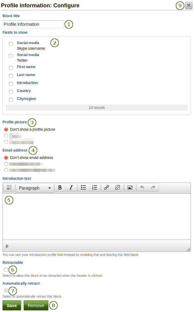 Configure the block Profile information