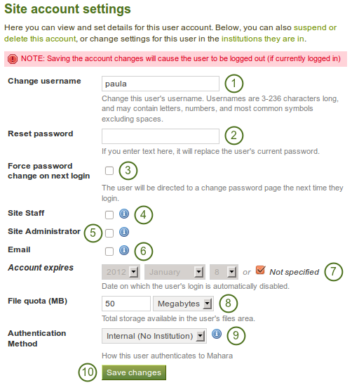 Site account settings of a user