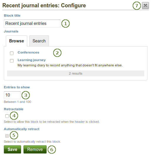 Configure the recent journal entries block