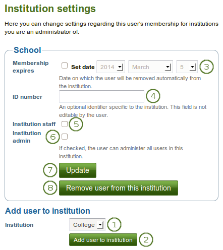 Institution settings for a user