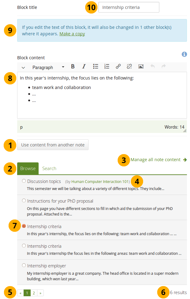 Configure the "Note" block by copying text