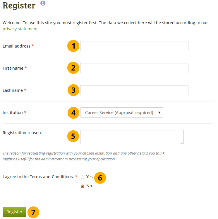 User self-registration for an institution