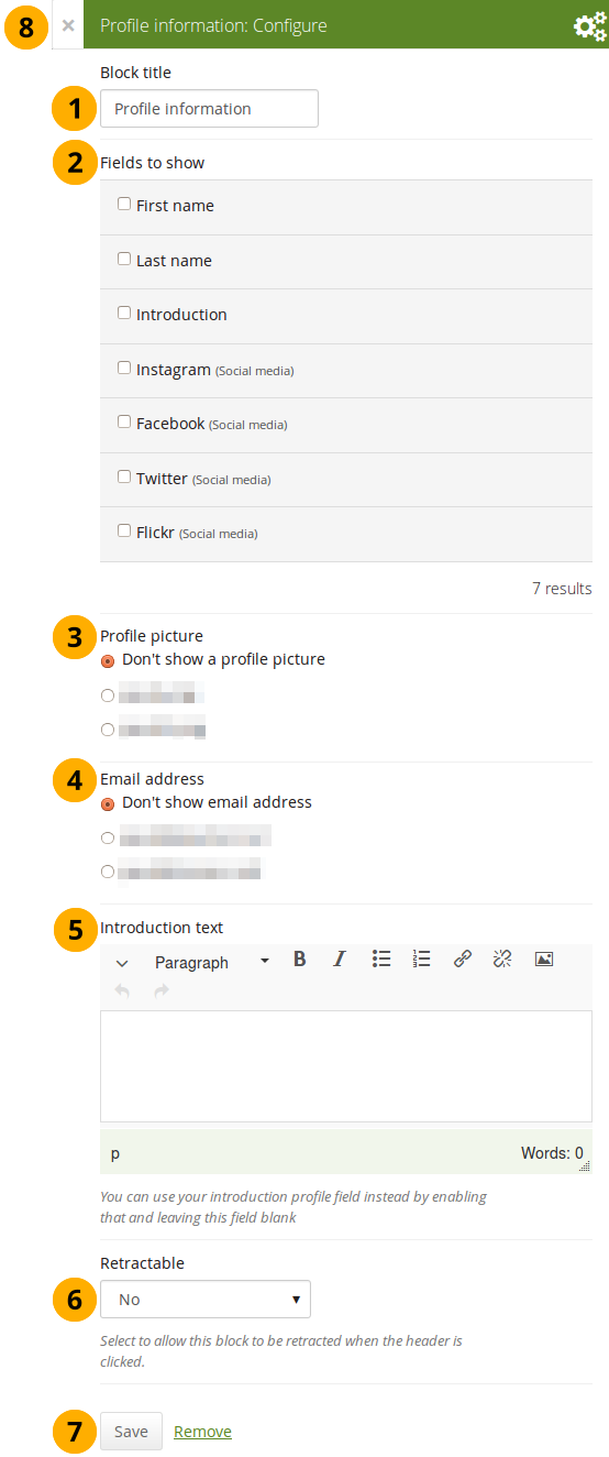 Configure the block Profile information