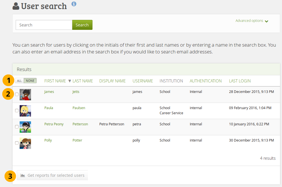 user search page as viewed by a staff member