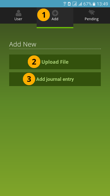 "Add" screen where you can upload files and add journal entries