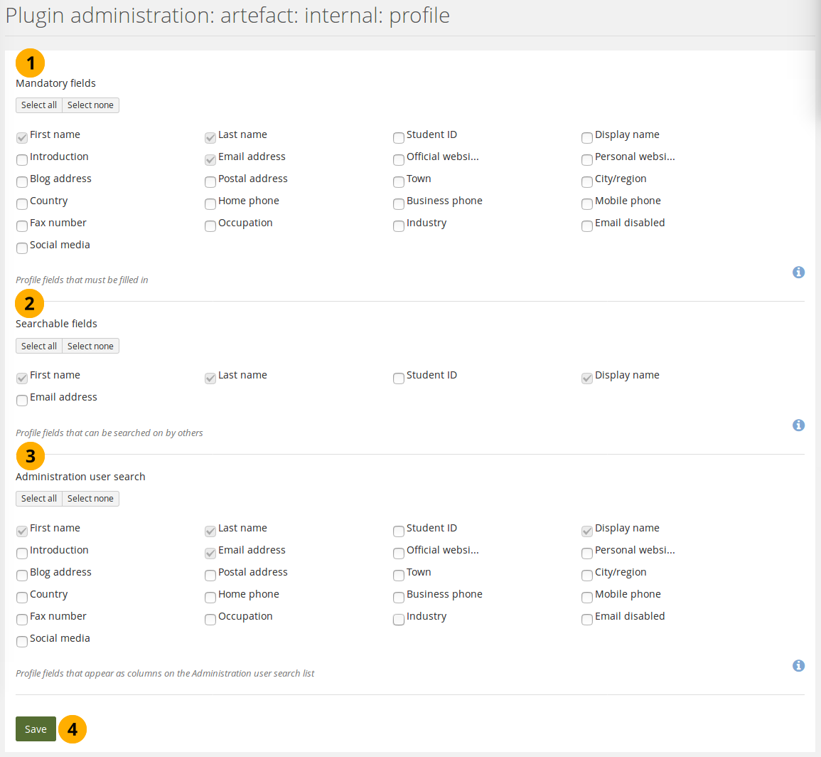 Choose mandatory and searchable profile fields