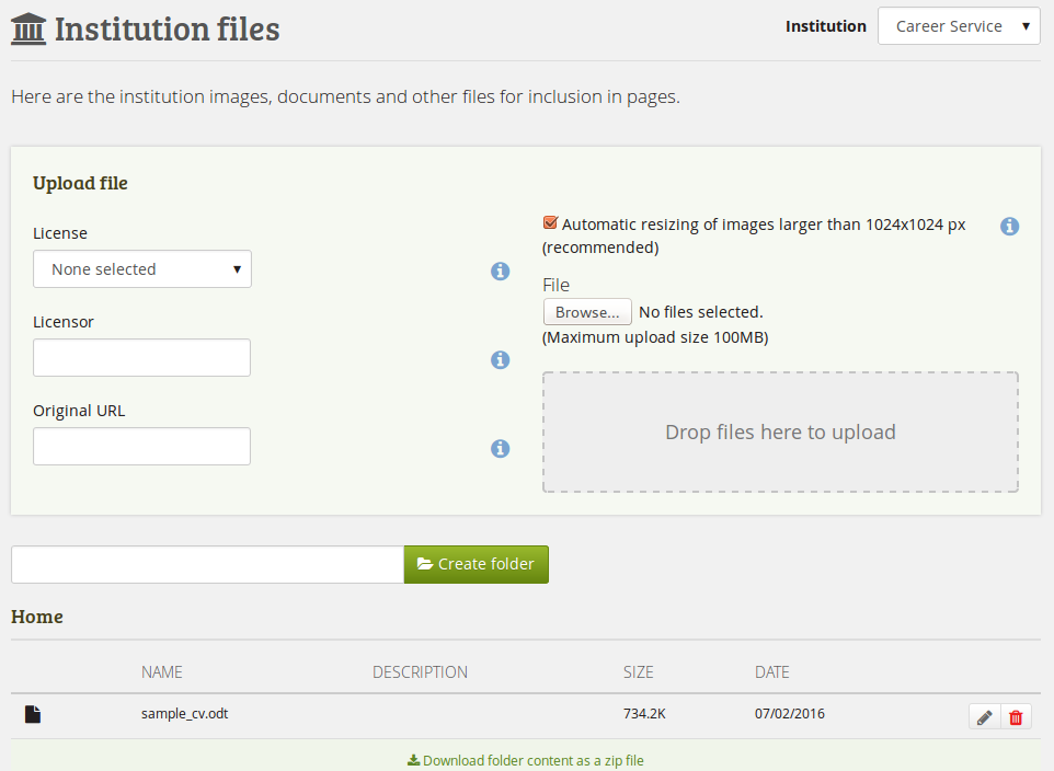 Institution files area