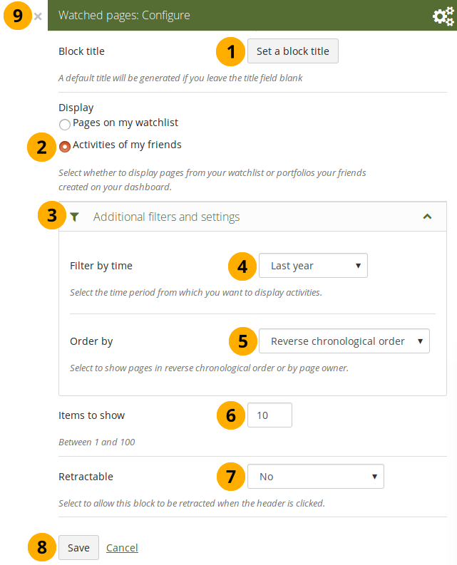 Configure the 'Watched pages' block for your friend activity