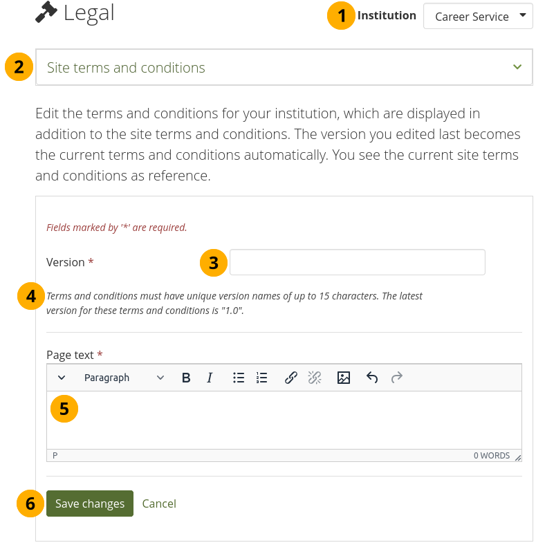 Edit the institution level terms and conditions