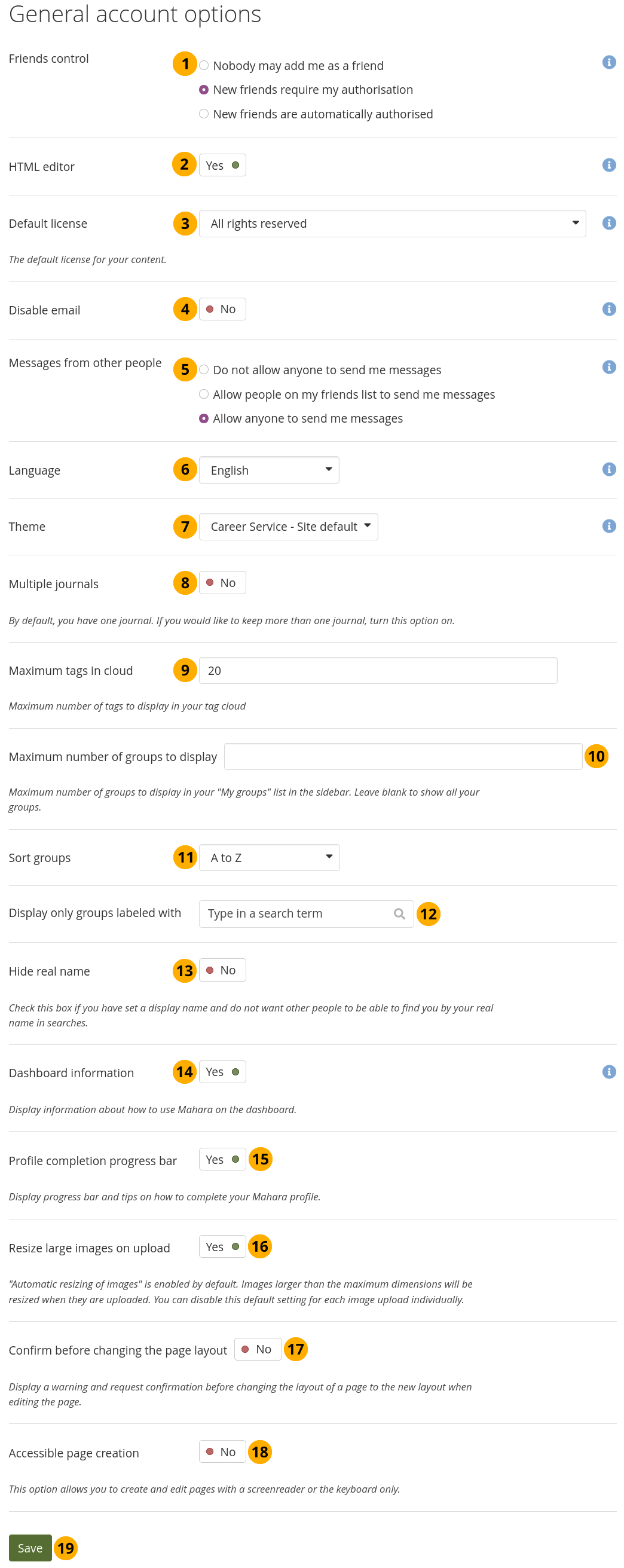 View and change your general account options