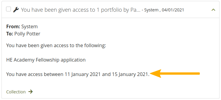 Notification with time frame in which portfolio is available